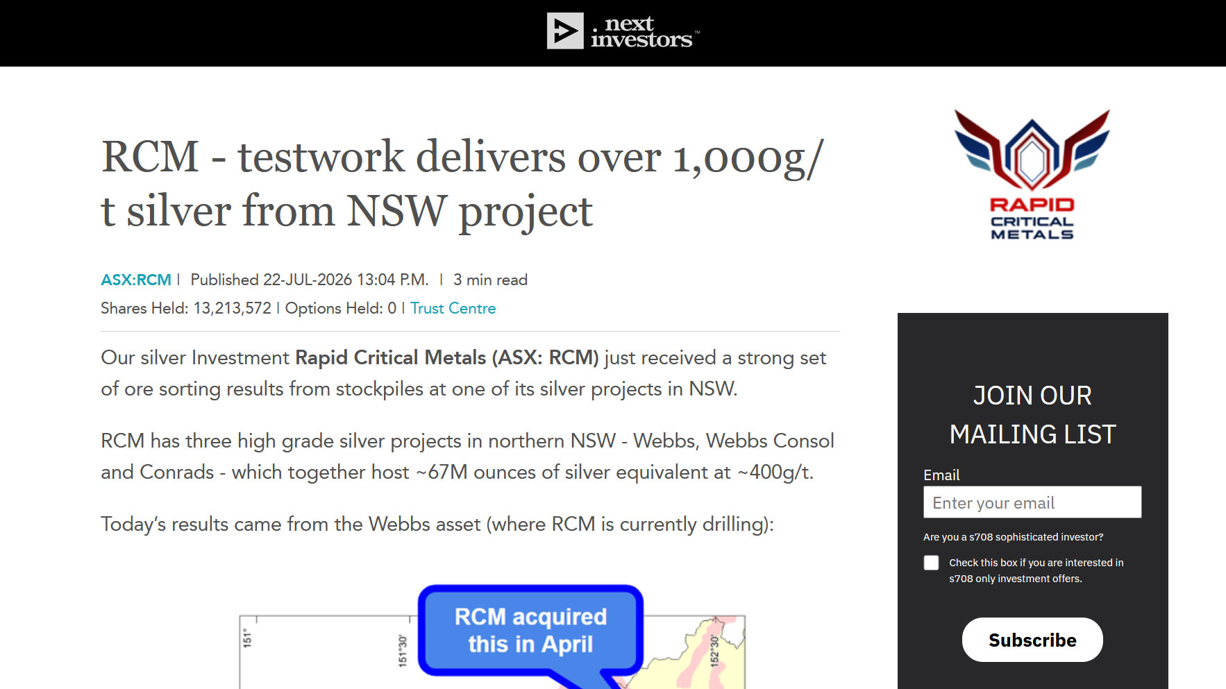 .next investors – RCM – testwork delivers over 1,000g/t silver from NSW project